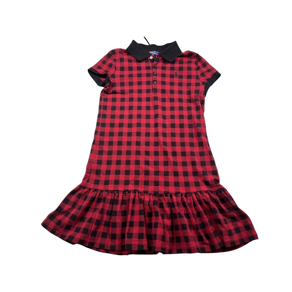 Polo Ralph Lauren Girls Buffalo Plaid Polo Dress Red Black Ruffle Hem Size 12-14